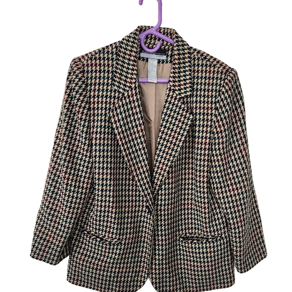 Vtg Radcliffe Houndstooth Womens Blazer One Button 12P Wool Blend Academia